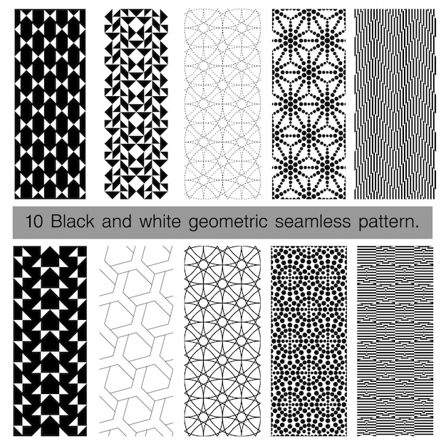 Collection of black and white geometric seamless pattern.