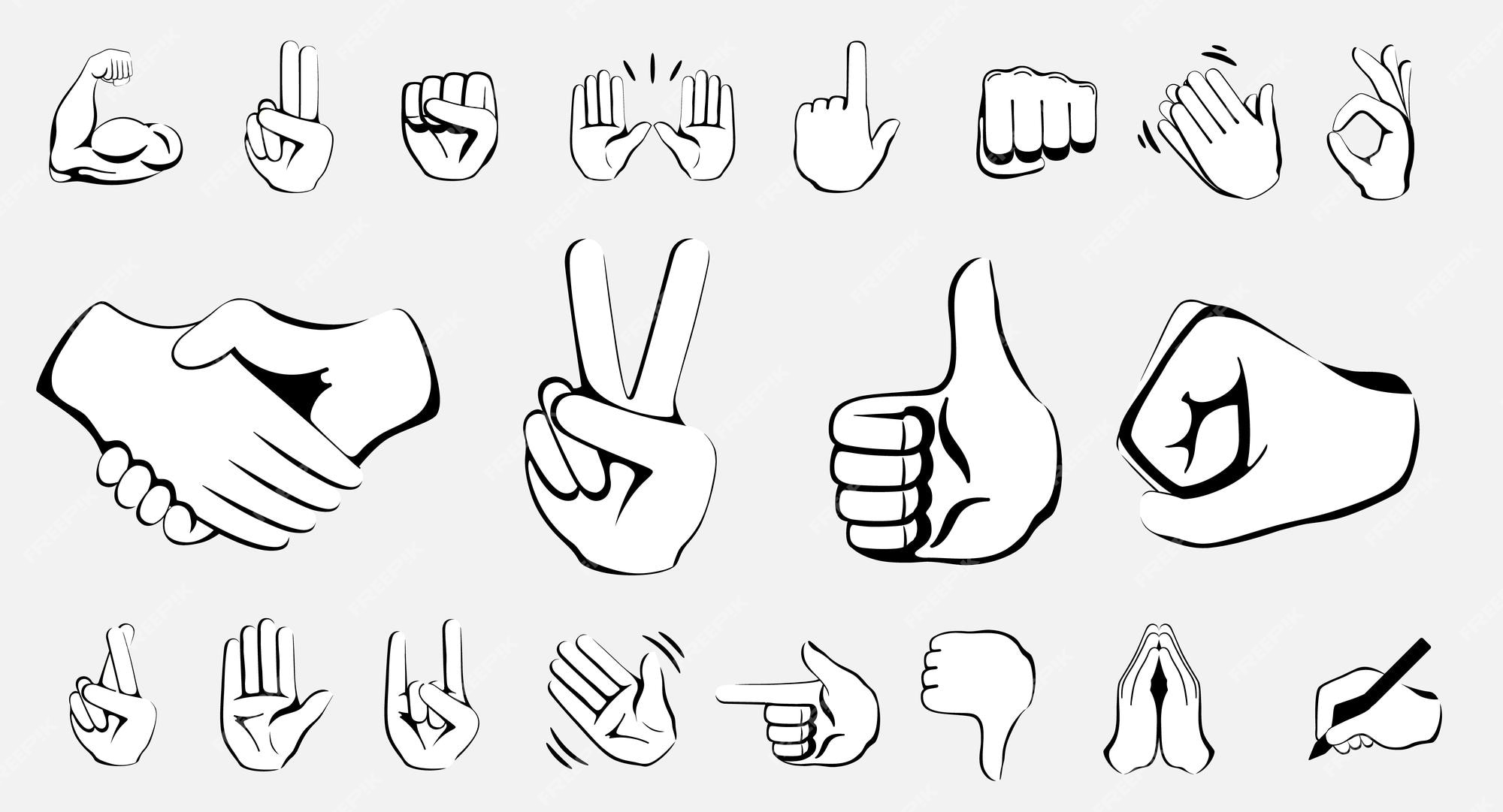 Hand gesture emojis icons collection. Handshake, biceps, applause, thumb,  peace, rock on, ok, folder hands gesturing. Set of different emoticon hands  isolated vector illustration., Stock vector