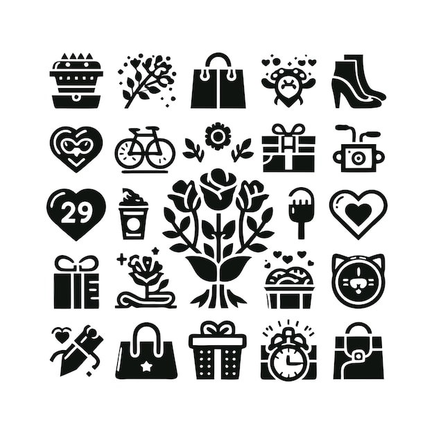 a collection of black and white icons with a heart on the top