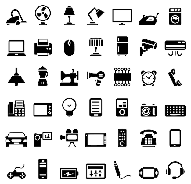 白い背景の黒と白のアイコンのコレクション