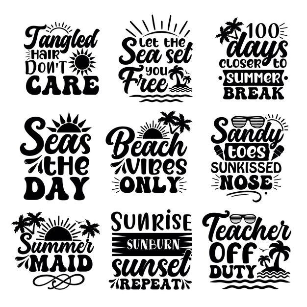 Vector a collection of black and white illustrations with the words beach, beach, and sunset.