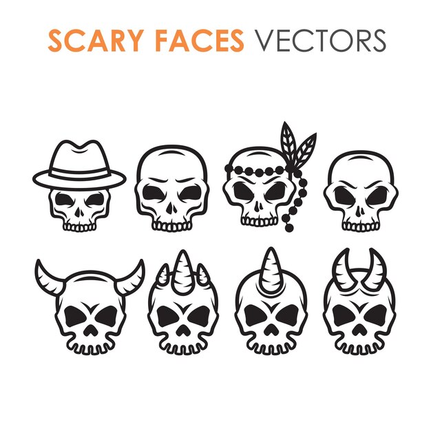 Vector collection of black and white outline skulls with multiply characters and designs