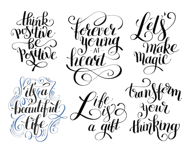 Raccolta di poster tipografici positivi in bianco e nero con frasi scritte a mano concettuali sulla vita