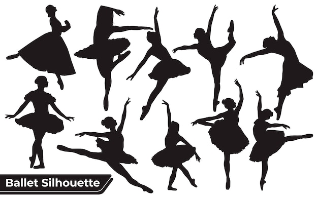 Collection of black and white vector woman silhouettes dancing ballet of women body anatomy styles