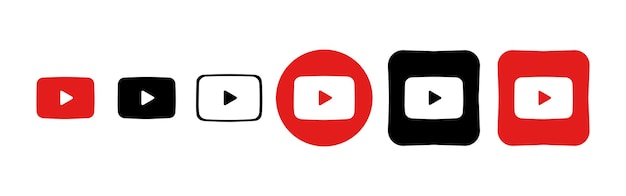 黒の YouTube アイコンのコレクション ソーシャル メディアのロゴ ライン アートと白い背景で隔離のフラット スタイル ビジネスと広告のためのベクトル線のアイコン