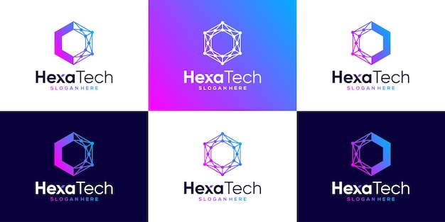 추상 점 Cryptocurrency Hexagon 분자 및 시스템 그래픽 디자인 벡터 삽화가 포함된 Blockchain 로고 디자인 모음