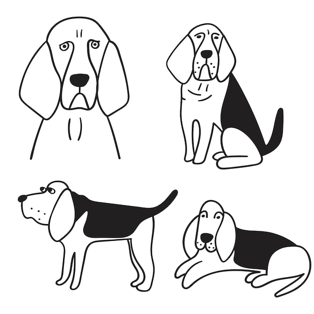 Collection of bloodhounds. Outline vector icons on white background.