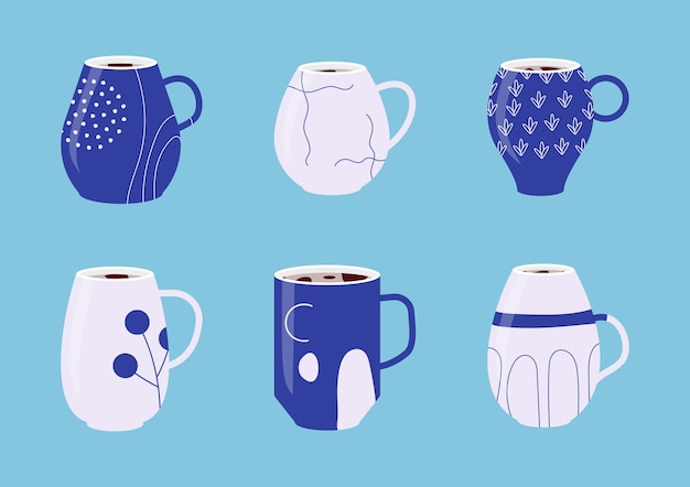 Vector collection of blue porcelain cups set