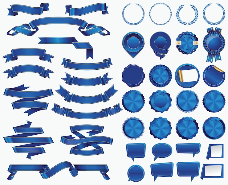 Vector collection of blue ribbon and sticker