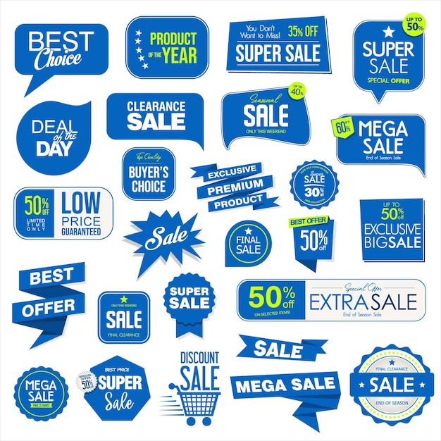 Collection of blue super sale and premium quality badge stickers and tags