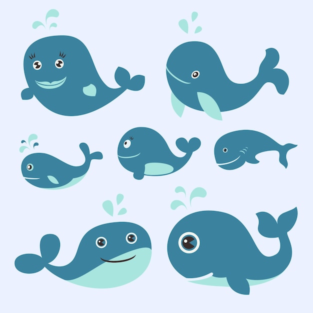 A collection of blue whale cartoon characters