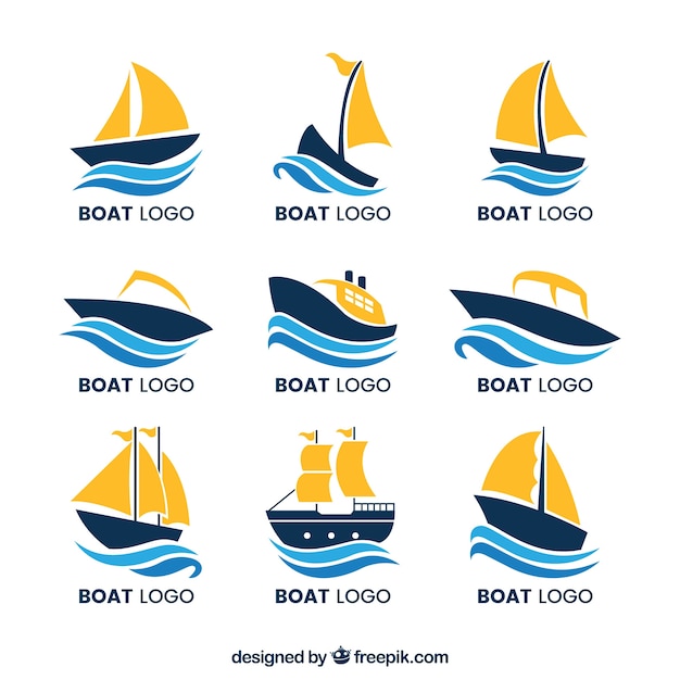 Vector collection of boat logos with waves