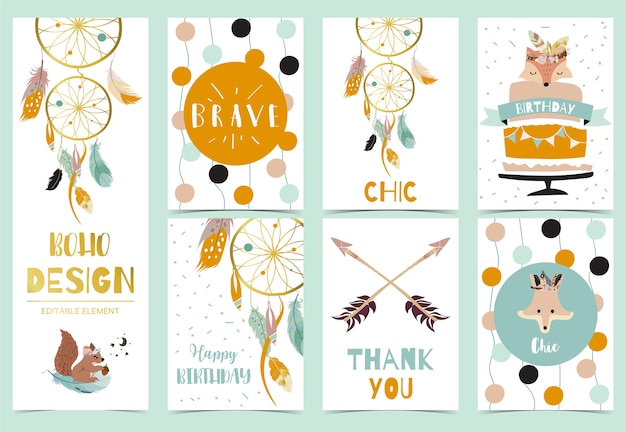 Vector collection of boho cards set with feather,dreamcatcher,fox.