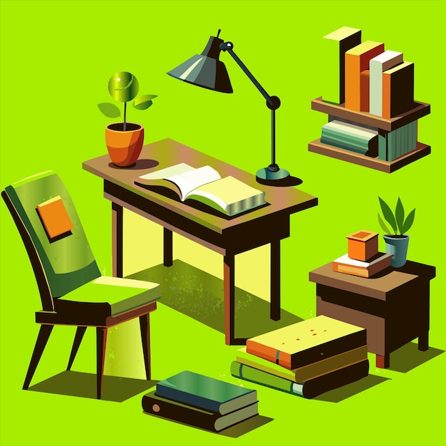 A collection of books including a chair a book and a book on the table
