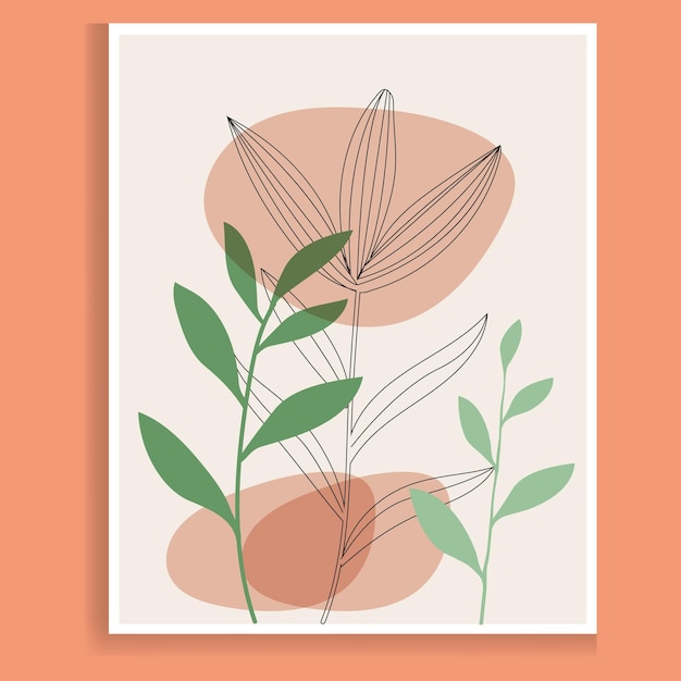 Collection botanicals of hand-drawn leaves with green texture, wall art, leaf branch, and line art.