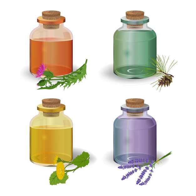 Collection of bottles with oils on a white isolated background