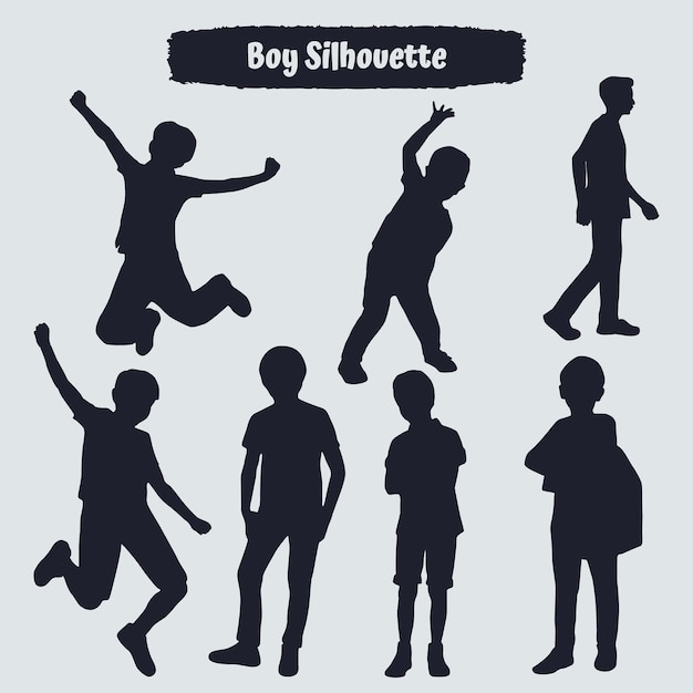 Collection of boy or kids silhouettes in different poses set