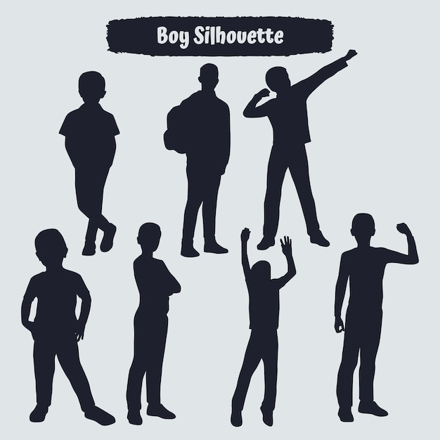 Collection of boy or kids silhouettes in different poses set