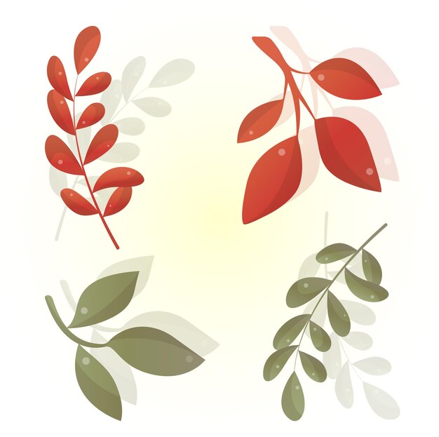 Vector collection of branches with green and red leaves of different shapes