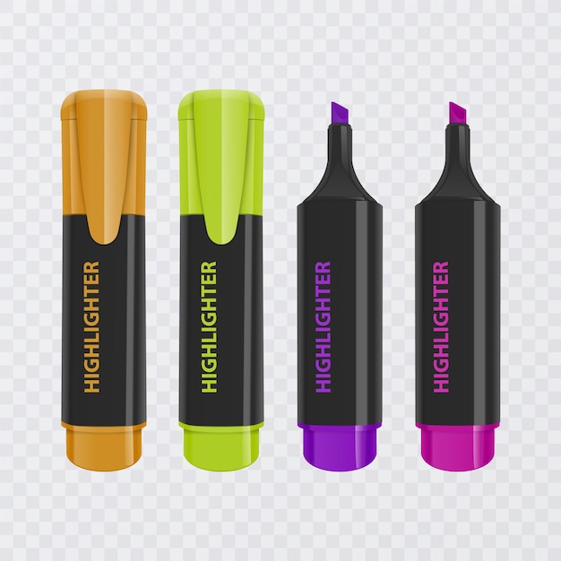 Vector collection of bright and colored highlighters, realistic markers