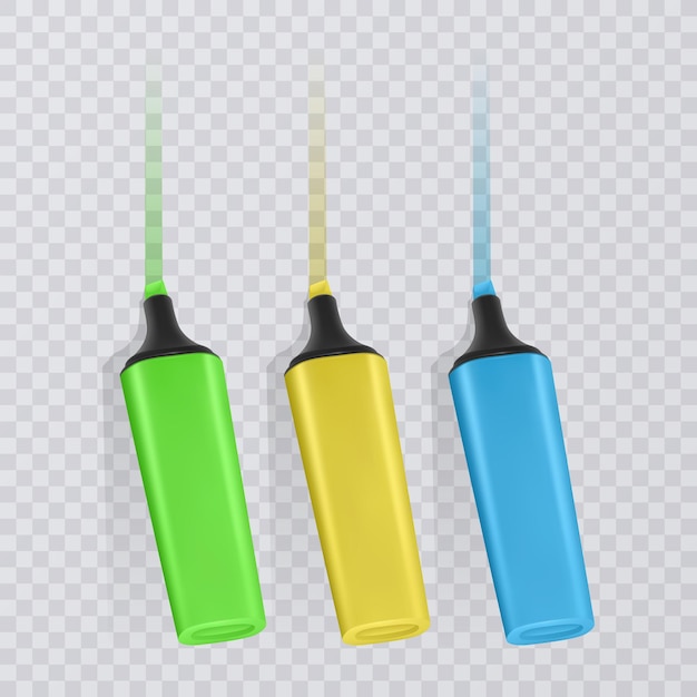 Vector collection of bright and colored highlighters with markings, realistic markers on transparent