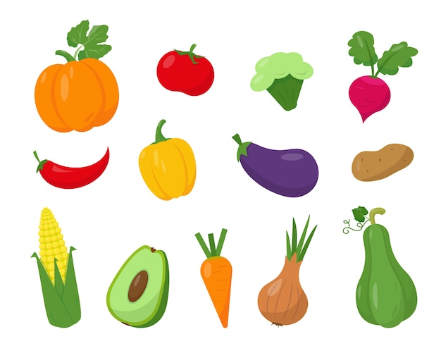 Collection of bright vegetables isolated on white background.