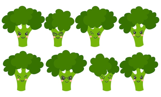 Collezione di personaggi di broccoli kawaii broccoli cute veggie mascotte illustrazione di cartoni animati vettoriali