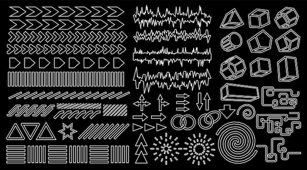 Collection of brutalism simple geometric form elements A set of different acid base shapes and textures for templates Modern memphis style Digital retro rave background Vector editable stroke