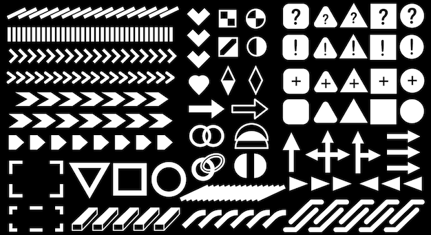 Collection of brutalism simple geometric form elements A set of different acid base shapes and textures for templates Modern memphis style Digital retro rave background Vector editable stroke