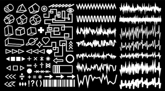 ブルータリズムのシンプルな幾何学的形状要素のコレクションテンプレートのさまざまな酸塩基の形状とテクスチャのセット現代のメンフィススタイルデジタルレトロレイブ背景ベクトル編集可能なストローク