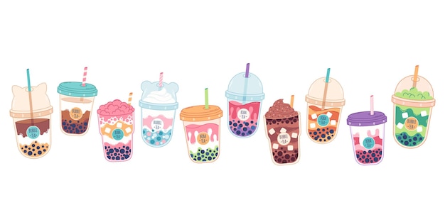 Bubble tea. Plastic cups with famous summer bubble asian tea, popular  taiwanese pearl milk with balls, soft boba drinks with delicious tapioca  sweet cold liquid dessert cartoon vector isolated set 6557374 Vector