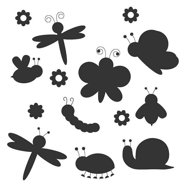 Collection of bug cartoon silhouettes insects in black and white EPS