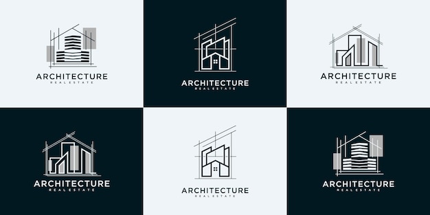 Collection building logo with unique line art style logo design templates.