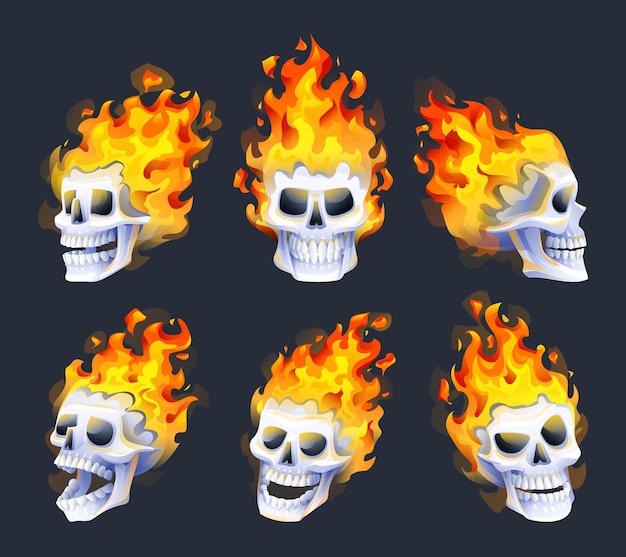 Collection of burning skull heads with fire cartoon illustration