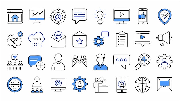 a collection of business icons including one that saysthe word  on it