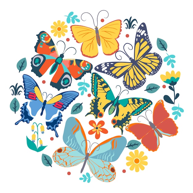 Vector collection of butterflies in a circle.