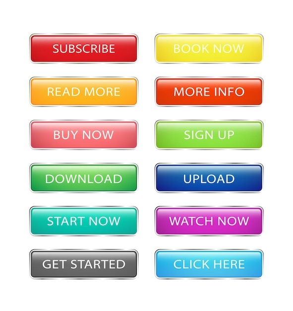 Vector collection of buttons for a website download upload sign up clickable colorful pressbuttons