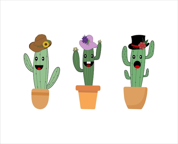 Collection of cactus face with hat colored vector