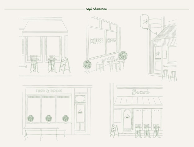 Collection of cafe windows in sketch style