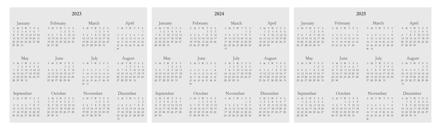 Vector collection of calendar 2023 to 2025