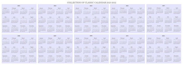 Vector collection of calendar 2023 to 2032