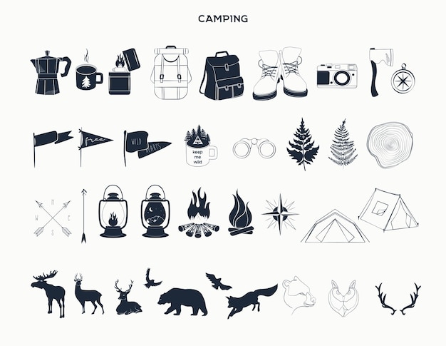 Vector collection of camping icons, symbols with wild animals, travel equipment, clothes for hiking