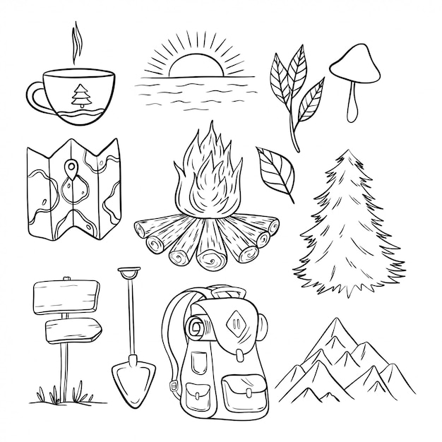 Collection of Camping and Travel elements with hand drawn style