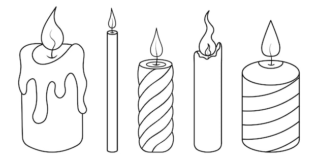 Collection of candles of different sizes and shapes with hot flames sketches in doodle style