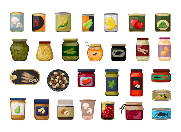 Vector collection of canned food and pickles