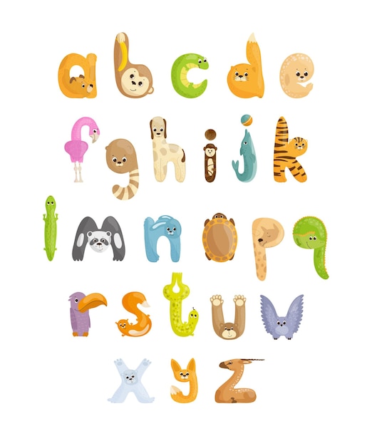 문구를 작성하고 카드 제목 초대장 및 로고를 디자인하기 위한 귀여운 동물 알파벳 형태의 대문자 및 소문자 숫자와 구두점 모음입니다.