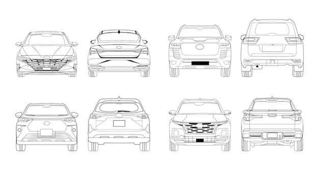 Collection of car front and back black and white line drawings illustration Cars blueprint vehicle