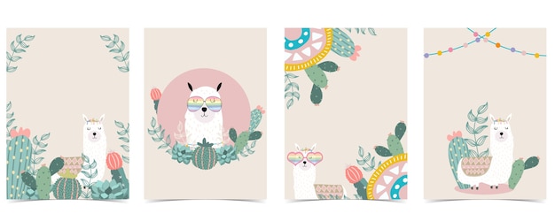 Vector collection of card set with llama cactus