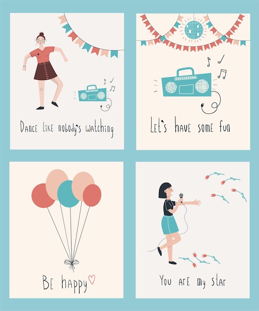 Vector collection of cards set with balloons dancing girl singing girl balloonsperfect for postcards