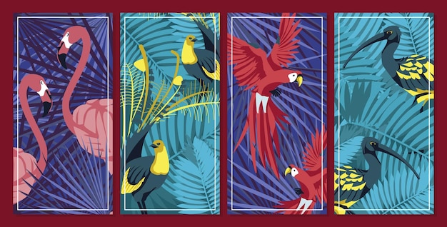 Collection of cards with exotic birds beautiful jungle
background with colorful bright parrot flamingo crane birds and
palm leaves postcards invitation banner design flat vector
illustration